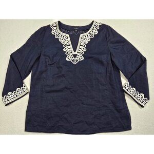 Talbots Navy Blue Embroidered 100% Linen Tunic Top Womens Large V Neck